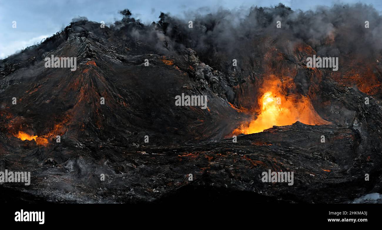 Apocalypse, volcanic eruption. Lava magma flows flow down volcano mouth
