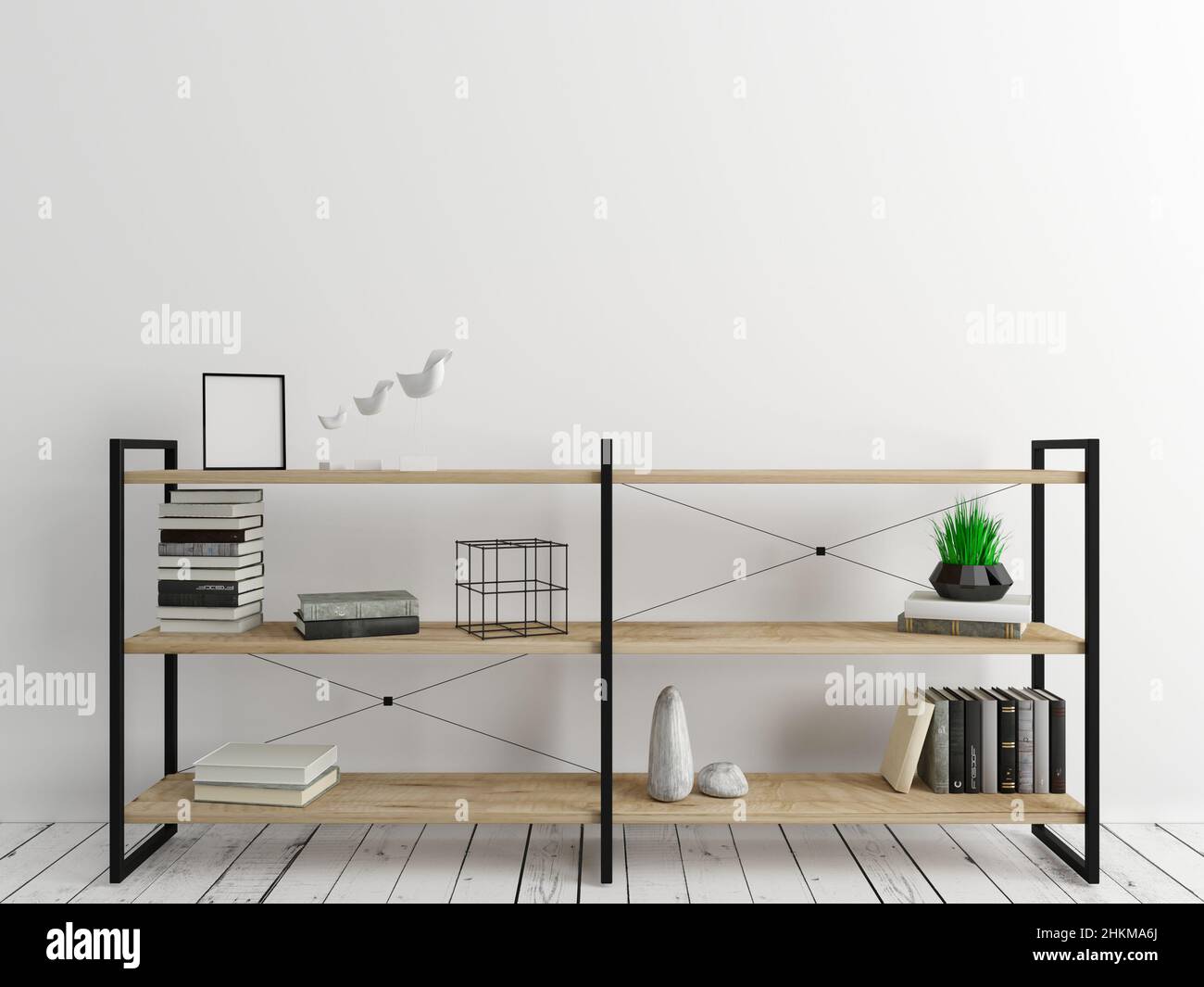 3D illustration. Chest rack in the loft. Chest of drawers shelf loft