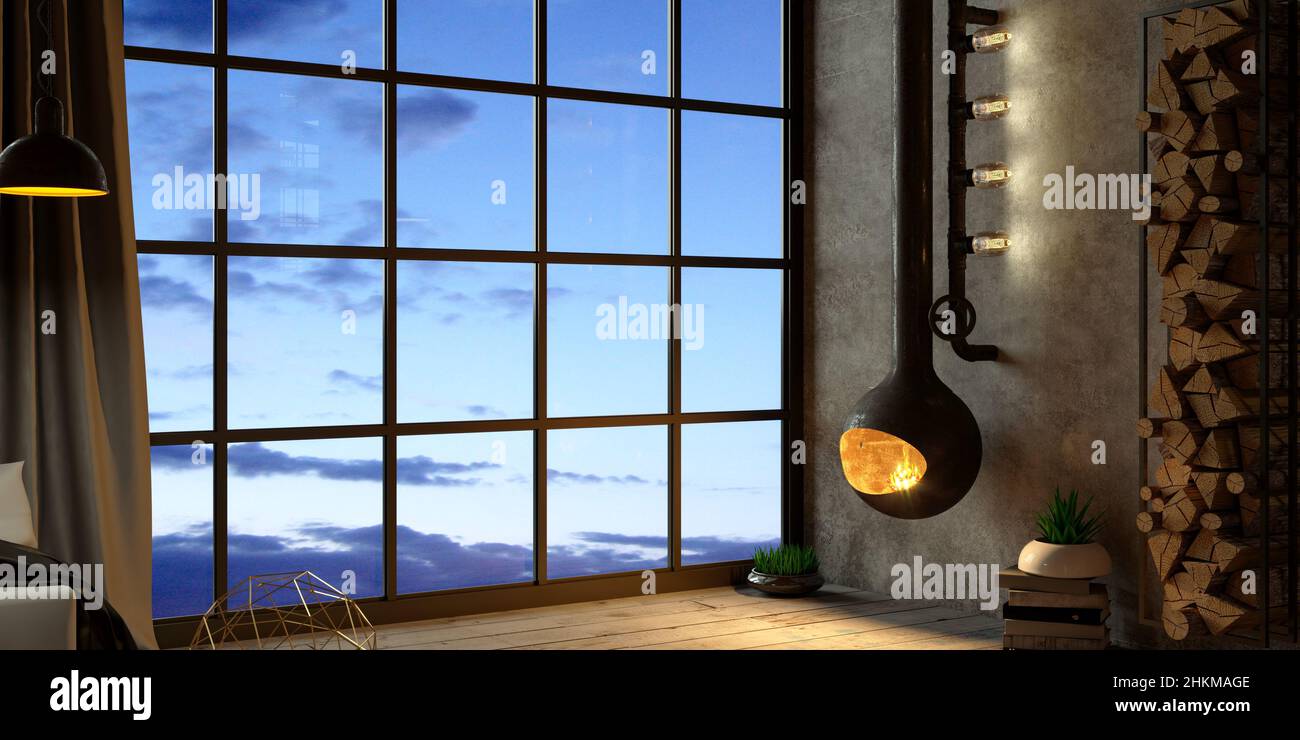 3d illustration. Interior of a modern villa. Panoramic sliding windows and doors. Loft. House or hotel . Modern fireplace. Evening sky Stock Photo