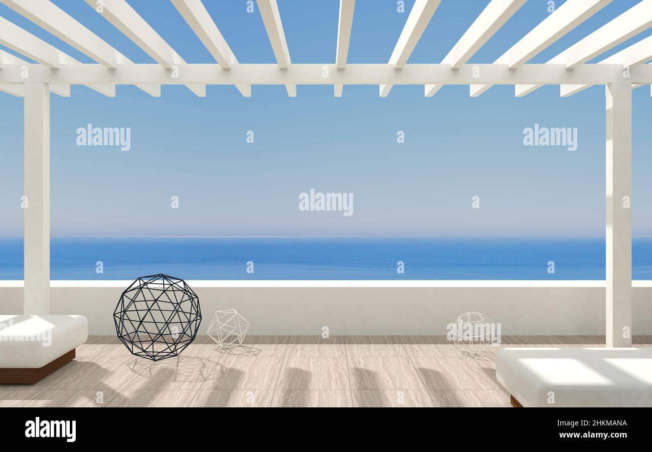 3D illustration. Patio or terrace modern luxury villas with sea views