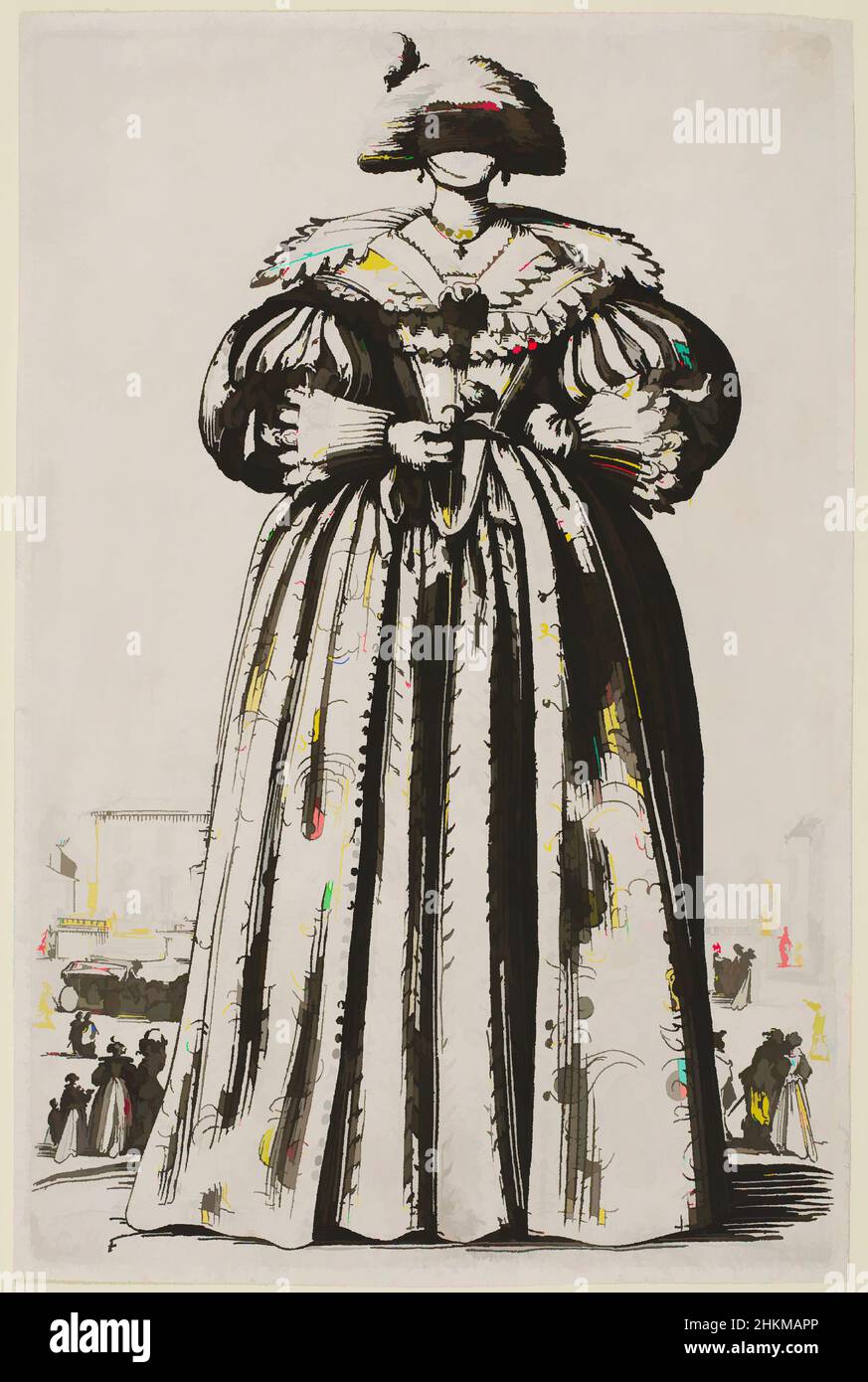 Art inspired by Masked Lady, from the series 'The Nobility of Lorraine', Jacques Callot, French, 1592-1635, 1620-23, Etching on laid paper, Nancy, Lorraine, France, Europe, Florence, Tuscany, Italy, Europe, Prints, sheet: 5 13/16 x 3 7/8 in. (14.8 x 9.8 cm, Classic works modernized by Artotop with a splash of modernity. Shapes, color and value, eye-catching visual impact on art. Emotions through freedom of artworks in a contemporary way. A timeless message pursuing a wildly creative new direction. Artists turning to the digital medium and creating the Artotop NFT Stock Photo
