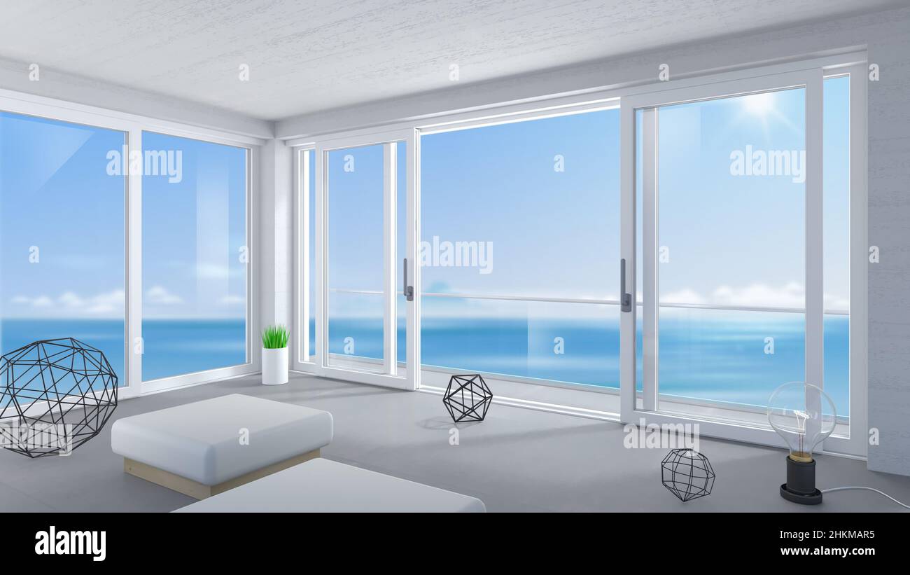 3d illustration. Interior of a modern villa. Panoramic sliding windows and doors. Loft. House or hotel on the sea. Natural landscape Stock Photo