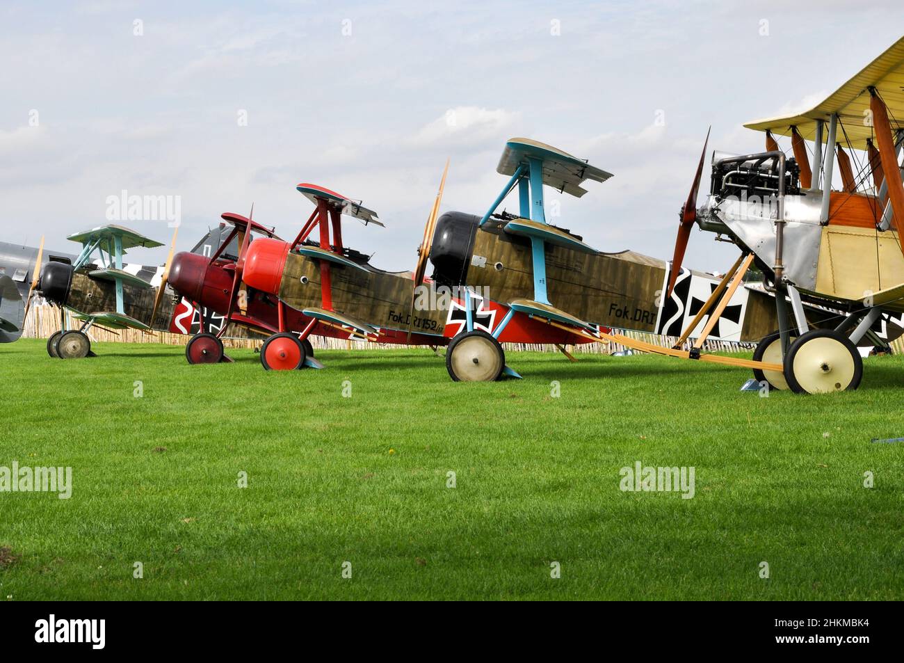 Great War Display Team of First World War biplane and triplanes at Sywell Airshow. Replica Great War fighter planes. German Fokker Dr.I Dreidecker Stock Photo