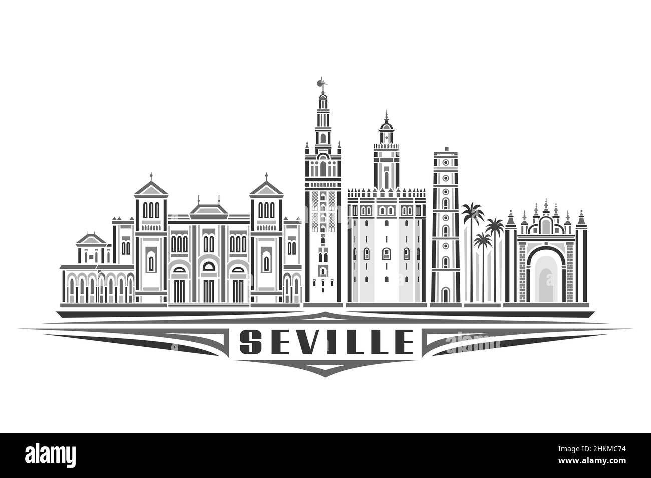 Vector illustration of Seville, monochrome horizontal poster with linear design famous seville city scape, urban line art concept with decorative lett Stock Vector