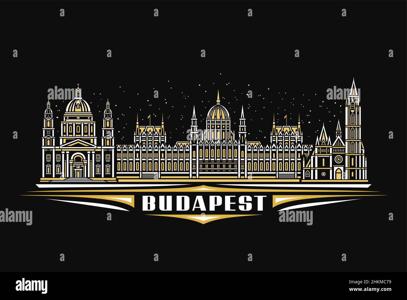 Vector illustration of Budapest, dark horizontal poster with linear