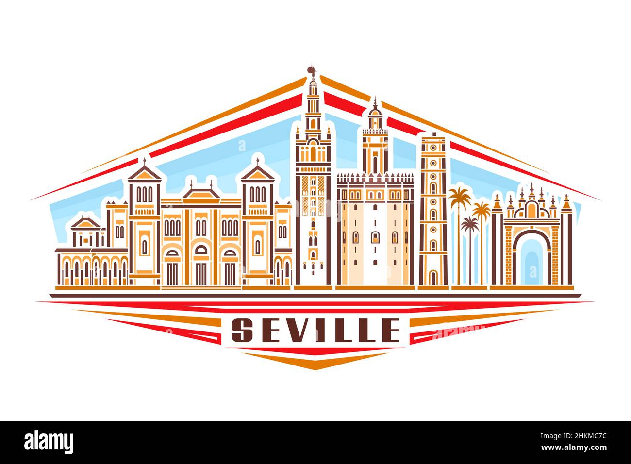 Vector illustration of Seville, horizontal logo with linear design famous seville city scape on day sky background, european urban line art concept wi Stock Vector