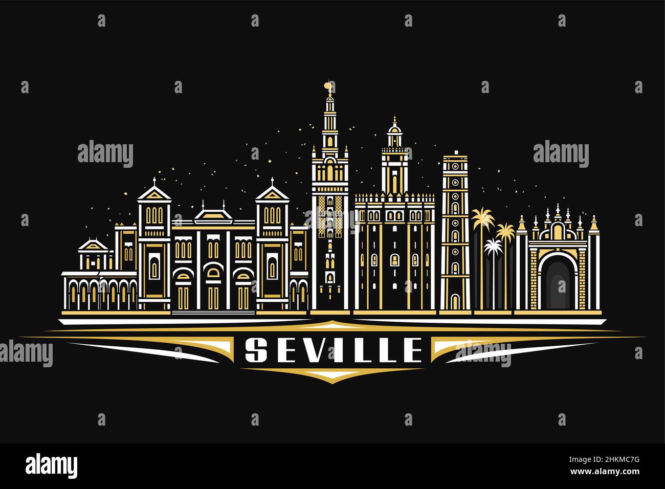 Vector illustration of Seville, dark horizontal poster with linear design famous seville city scape on nighttime sky background, urban line art concep Stock Vector