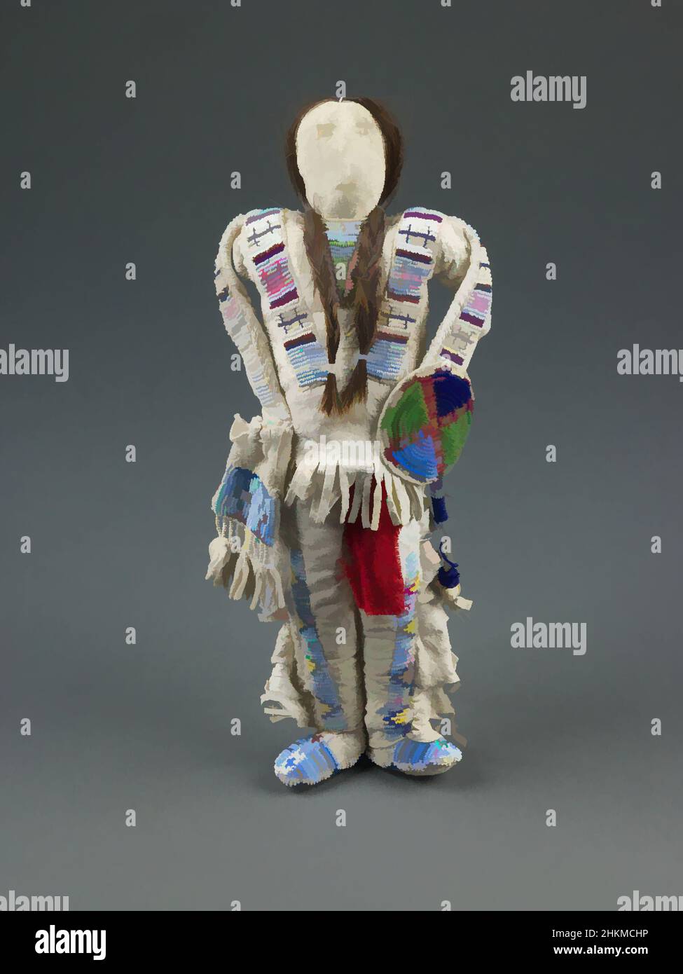 Art inspired by Male Doll, Sioux, Lakota (Sioux), or Hinono'ei (Arapaho), c.1890, Tanned hide, glass seed beads, wool cloth, horsehair, and wood bow, Made in United States, North and Central America, Recreational artifacts, 14 × 5 1/4 × 1 3/4 in. (35.6 × 13.3 × 4.4 cm, Classic works modernized by Artotop with a splash of modernity. Shapes, color and value, eye-catching visual impact on art. Emotions through freedom of artworks in a contemporary way. A timeless message pursuing a wildly creative new direction. Artists turning to the digital medium and creating the Artotop NFT Stock Photo