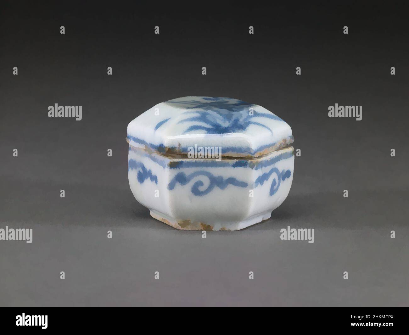 Art inspired by Hexagonal Covered Box (yukgakhap) with Design of Orchids and Clouds, Korean, Joseon dynasty, 1392-1910, 19th century, Porcelain with underglaze cobalt blue decoration, Made in Korea, Asia, Ceramics, height: 1 1/8 in. (2.9 cm, Classic works modernized by Artotop with a splash of modernity. Shapes, color and value, eye-catching visual impact on art. Emotions through freedom of artworks in a contemporary way. A timeless message pursuing a wildly creative new direction. Artists turning to the digital medium and creating the Artotop NFT Stock Photo