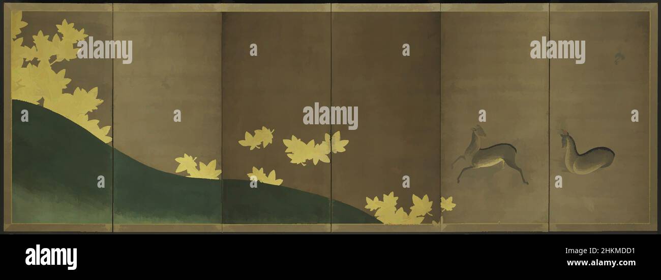 Art inspired by Deer with Maples, Tetsuzan Sōdon, Japanese, 1531-1617, attributed to Hasegawa Tōgaku, Japanese, died 1623, Momoyama period, 1573-1615, c.1605-1610, One of a pair of six-panel folding screens; ink, color, and gold on paper, Made in Kyoto, Kyoto prefecture, Japan, Asia, Classic works modernized by Artotop with a splash of modernity. Shapes, color and value, eye-catching visual impact on art. Emotions through freedom of artworks in a contemporary way. A timeless message pursuing a wildly creative new direction. Artists turning to the digital medium and creating the Artotop NFT Stock Photo