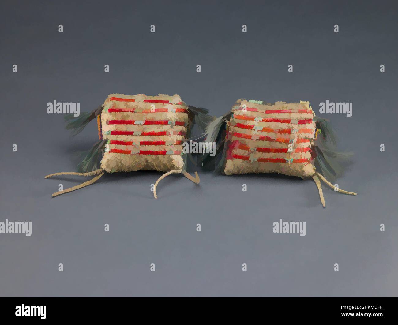 Art inspired by Pair of Miniature Possible Bags, Sioux, or Lakota (Sioux), c.1890, Tanned hide, porcupine quills, glass seed beads, tin cones, and dyed horsehair, Made in United States, North and Central America, Containers, jewelry & personal accessories, each: 1 3/4 × 2 in. (4.4 × 5.1, Classic works modernized by Artotop with a splash of modernity. Shapes, color and value, eye-catching visual impact on art. Emotions through freedom of artworks in a contemporary way. A timeless message pursuing a wildly creative new direction. Artists turning to the digital medium and creating the Artotop NFT Stock Photo