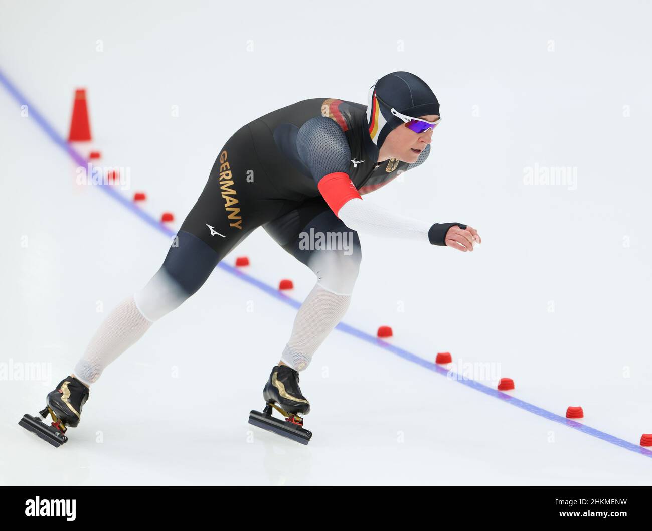 Beijing, China. 5th Feb, 2022. Claudia Pechstein of Germany competes during the women's 3,000m final of speed skating at the National Speed Skating Oval in Beijing, capital of China, Feb. 5, 2022. Credit: Cheng Tingting/Xinhua/Alamy Live News Stock Photo