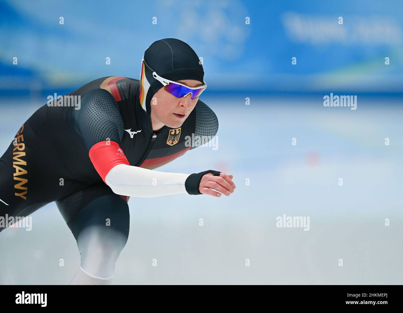 Beijing, China. 5th Feb, 2022. Claudia Pechstein of Germany competes during the women's 3,000m final of speed skating at the National Speed Skating Oval in Beijing, capital of China, Feb. 5, 2022. Credit: Wu Wei/Xinhua/Alamy Live News Stock Photo