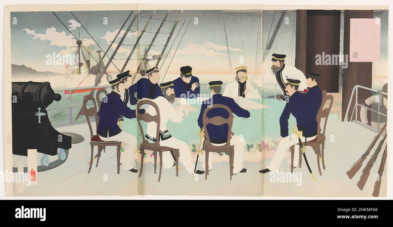 Art inspired by Naval Officers Discussing Battle Strategies for the Subjugation of China, Mizuno Toshikata, Japanese, 1866-1908, Meiji period, 1868-1912, Sekiguchi Masajirō, Japanese, active late 19th century, 1894, Triptych of color woodblock prints, Made in Tokyo, Japan, Asia, Prints, Classic works modernized by Artotop with a splash of modernity. Shapes, color and value, eye-catching visual impact on art. Emotions through freedom of artworks in a contemporary way. A timeless message pursuing a wildly creative new direction. Artists turning to the digital medium and creating the Artotop NFT Stock Photo