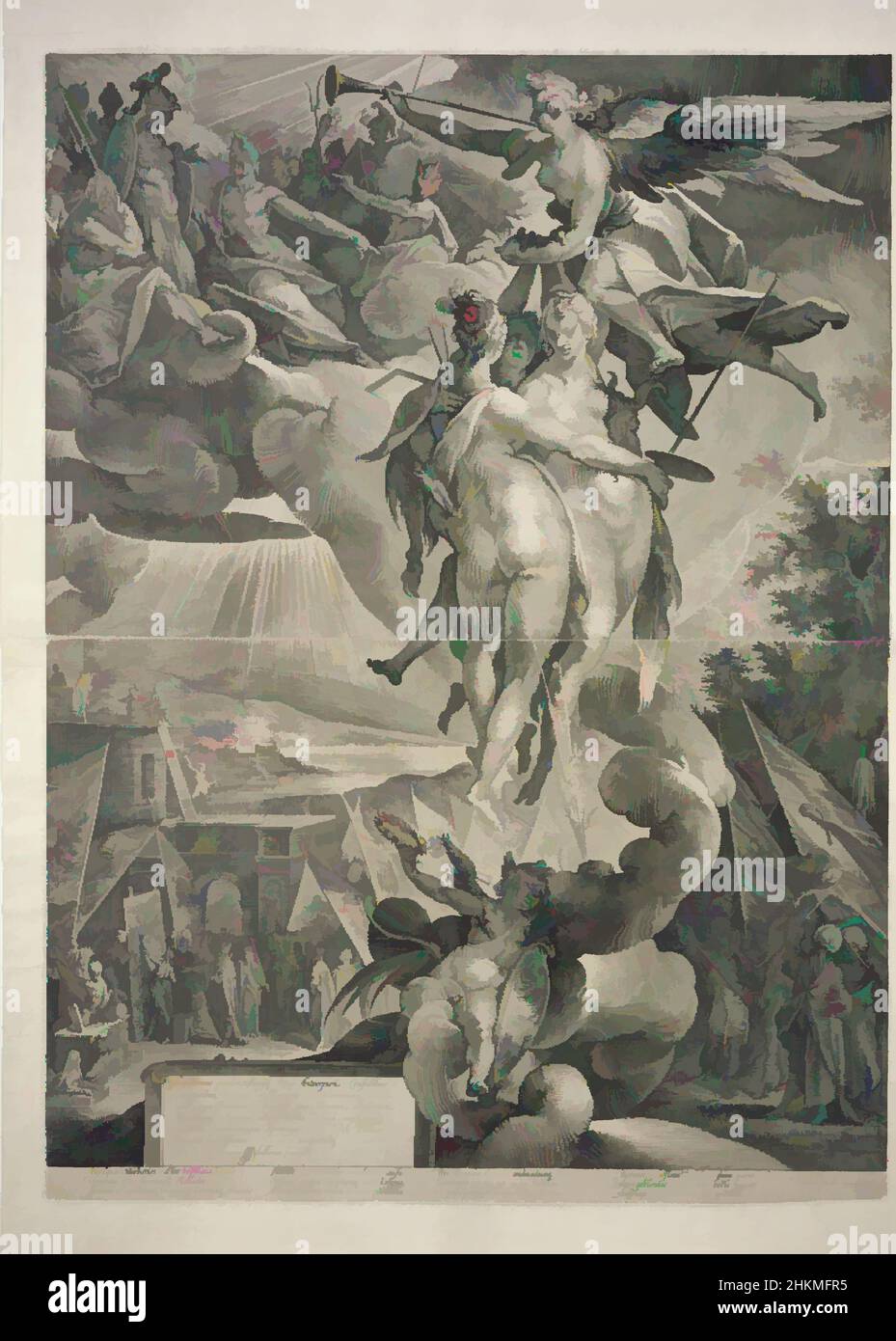 Art inspired by The Apotheosis of the Arts, Bartholomeus Spranger, Dutch, 1546-c.1611, Jan Harmensz Muller, Dutch, 1571-1628, 1597, Engraving, Antwerp, Belgium, Europe, Prague, Czech Republic, Europe, Prints, plate: 26 15/16 x 19 11/16 in. (68.5 x 50 cm, Classic works modernized by Artotop with a splash of modernity. Shapes, color and value, eye-catching visual impact on art. Emotions through freedom of artworks in a contemporary way. A timeless message pursuing a wildly creative new direction. Artists turning to the digital medium and creating the Artotop NFT Stock Photo