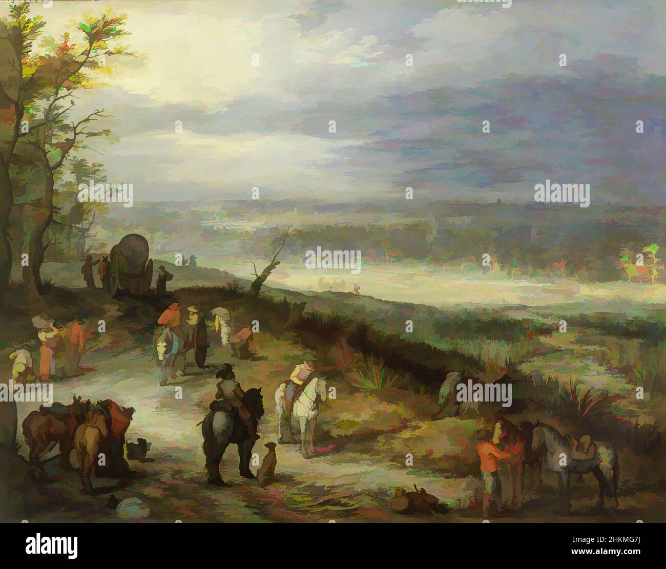 Art inspired by Extensive Landscape With Travellers on a Country Road, Jan Brueghel the Elder, Flemish, 1568-1625, c.1608-10, Oil on copper, Made in Antwerp, Antwerpen province, Belgium, Europe, Paintings, 13 1/4 x 18 1/4 in. (33.6 x 46.4 cm, Classic works modernized by Artotop with a splash of modernity. Shapes, color and value, eye-catching visual impact on art. Emotions through freedom of artworks in a contemporary way. A timeless message pursuing a wildly creative new direction. Artists turning to the digital medium and creating the Artotop NFT Stock Photo