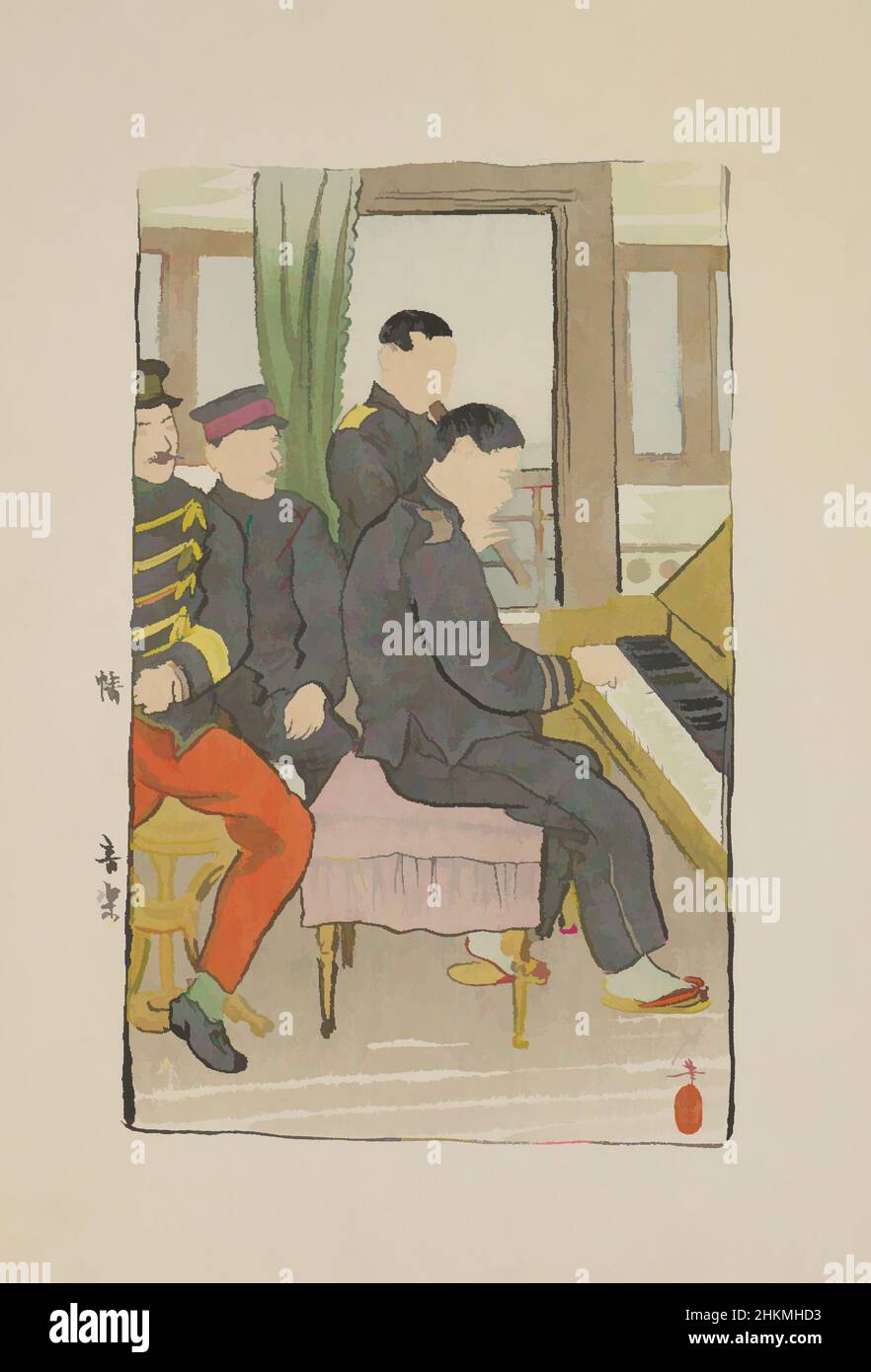 Art inspired by A Music Room Seen aboard the Dai-ichi Hachiman-maru, Terasaki Kogyo, Japanese, 1866–1919, Meiji period, 1868–1912, c.1904, Color woodblock print, Made in Japan, Asia, Prints, sheet: 10 in. × 7 1/16 in. (25.4 × 17.9 cm, Classic works modernized by Artotop with a splash of modernity. Shapes, color and value, eye-catching visual impact on art. Emotions through freedom of artworks in a contemporary way. A timeless message pursuing a wildly creative new direction. Artists turning to the digital medium and creating the Artotop NFT Stock Photo