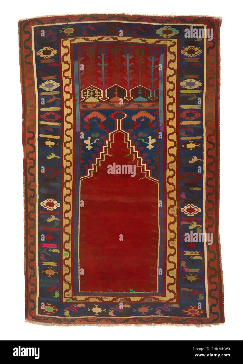 Art inspired by Ladik Prayer Carpet (seccade) on Red Ground, Ottoman period, 1281-1924, c.1800, Wool, Made in Konya province, Anatolia, Turkey, Asia, Coverings & hangings, textiles, 79 1/2 x 50 1/2 in. (201.9 x 128.3 cm, Classic works modernized by Artotop with a splash of modernity. Shapes, color and value, eye-catching visual impact on art. Emotions through freedom of artworks in a contemporary way. A timeless message pursuing a wildly creative new direction. Artists turning to the digital medium and creating the Artotop NFT Stock Photo