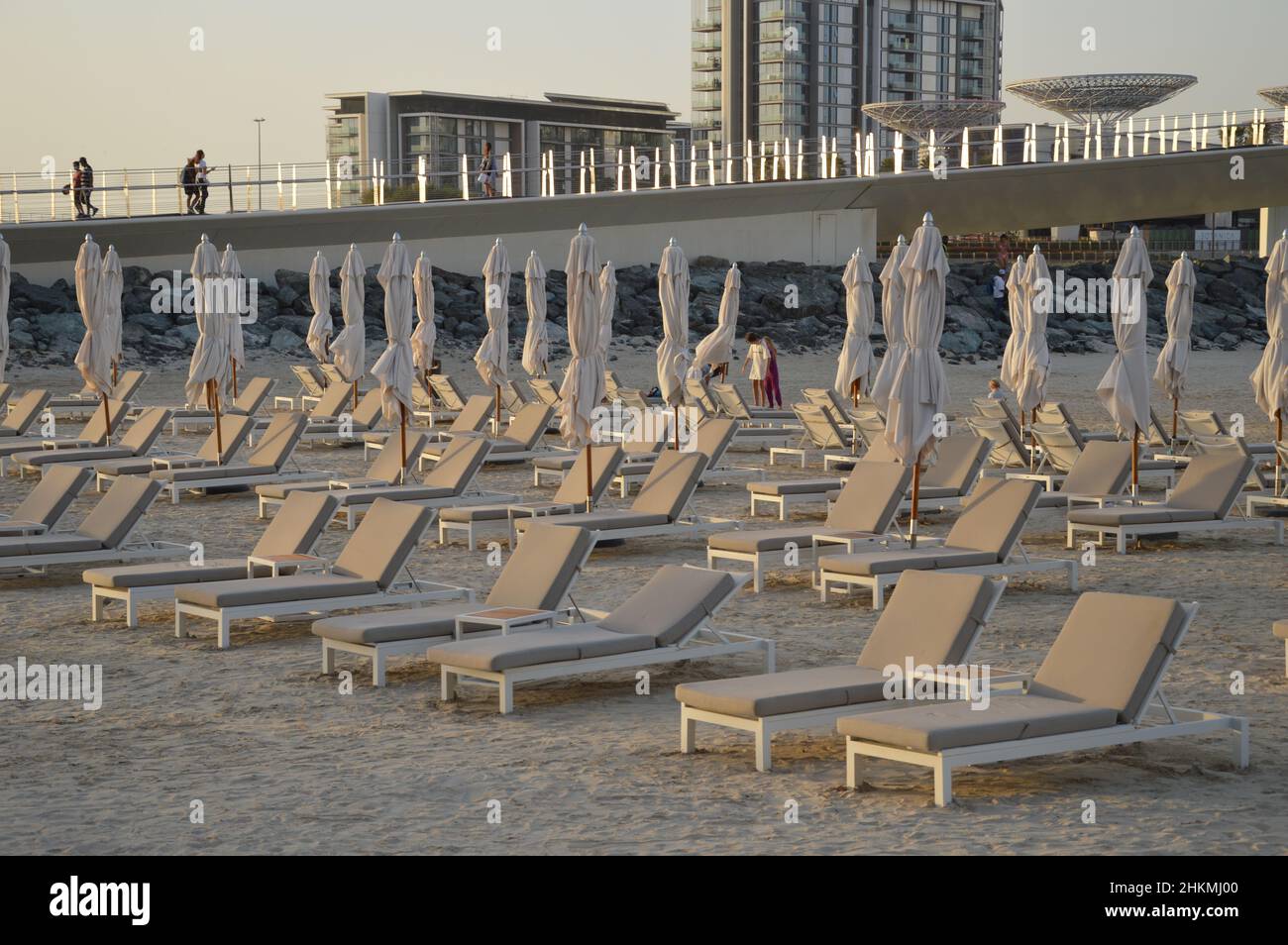 Empty beach chairs, The Dubai Beach JBR in Dubai, United Arab Emirates