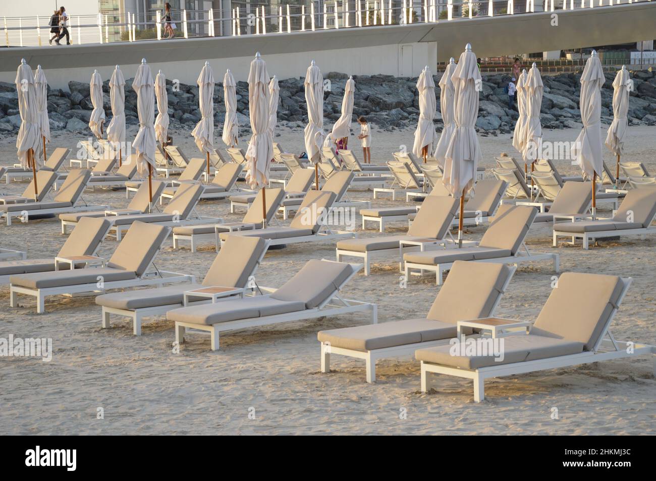 Empty beach chairs, The Dubai Beach JBR in Dubai, United Arab Emirates