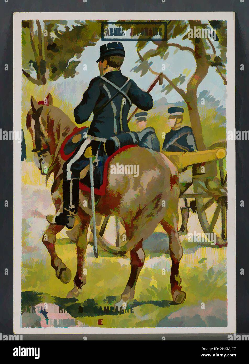 Art inspired by Japanese Army: Artillery Maneuvers (Armée japonaise: Artillerie de Campagne: Tenue de manoeuvre), French, G. Black, c.1900, Trade card: color lithograph and ink on card stock, Made in France, Europe, Prints, sheet: 3 15/16 x 2 3/4 in. (10 x 7 cm, Classic works modernized by Artotop with a splash of modernity. Shapes, color and value, eye-catching visual impact on art. Emotions through freedom of artworks in a contemporary way. A timeless message pursuing a wildly creative new direction. Artists turning to the digital medium and creating the Artotop NFT Stock Photo