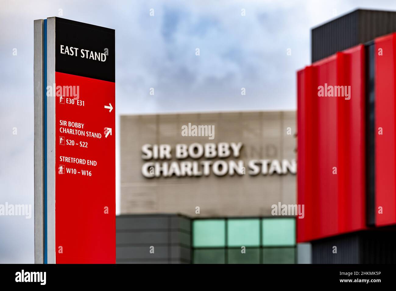 Old Trafford football ground, home to Manchester United FC. Sir Bobby Charlton stand. Stock Photo