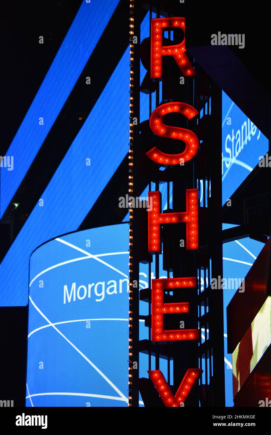New York City - Times Square, nice neon advertisement from Morgan Stanely in lighting blue in the background Stock Photo