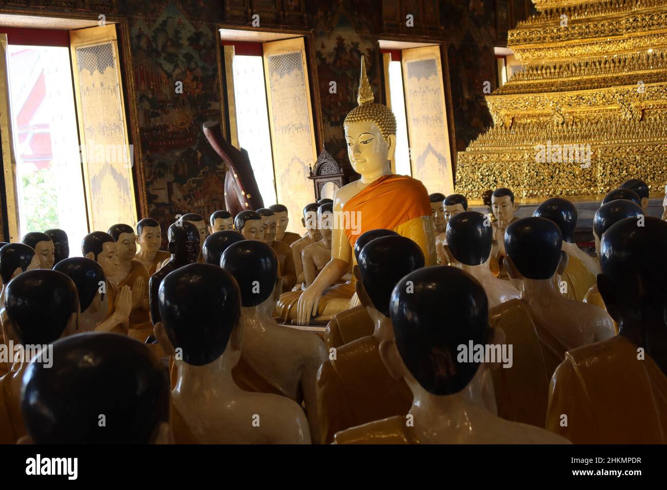 Ordination Hall with  Close up of Buddha statues of 80 disciples of Lord Buddha, Wat Suthat, Bangkok, Thailand Stock Photo