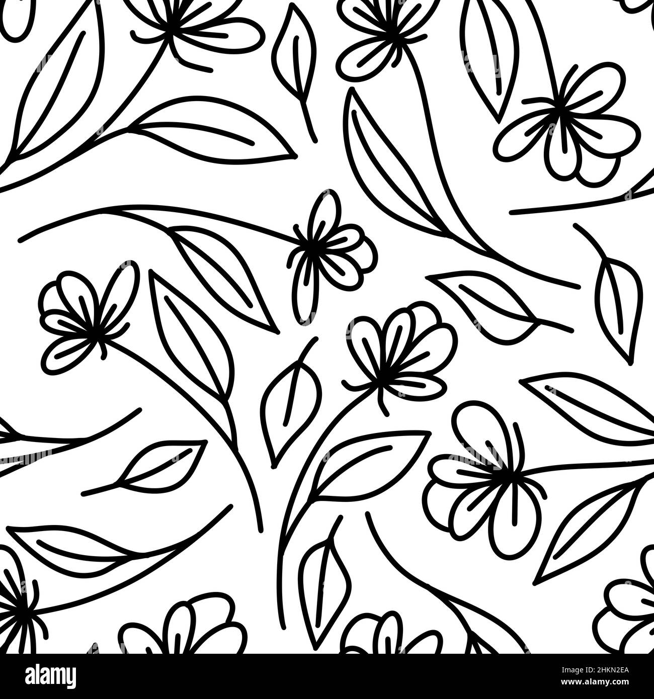 Seamless hand drawn pattern with black and white flowers floral ...