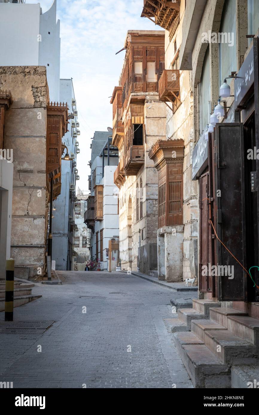 Jeddah, Saudi Arabia, 6th January 2022: street scene in old Jeddah Stock Photo