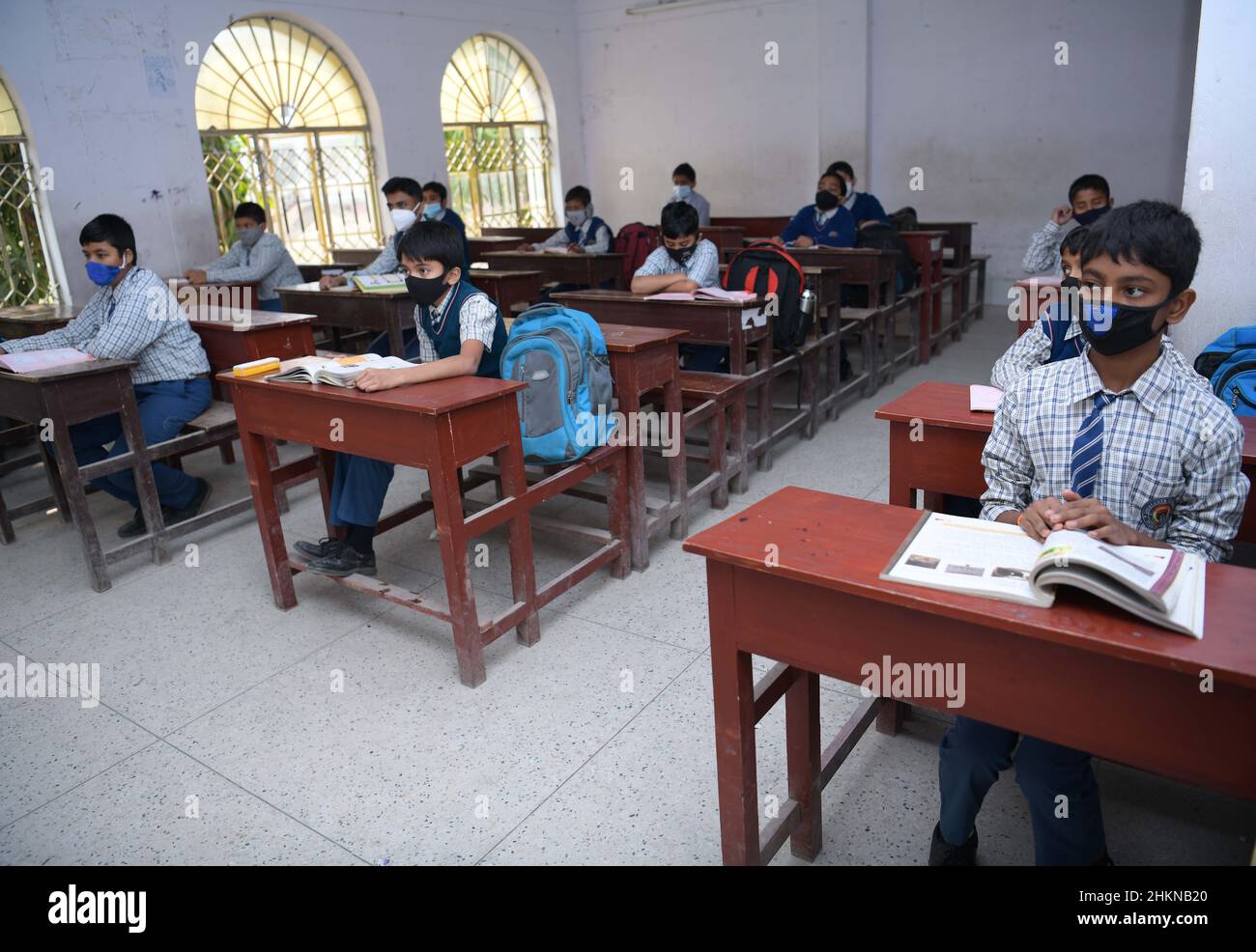 Students of Umakanta English Medium school in their classroom on the first day of reopening of schools. Schools were closed due to COVID-19 in Agartala. India. Stock Photo