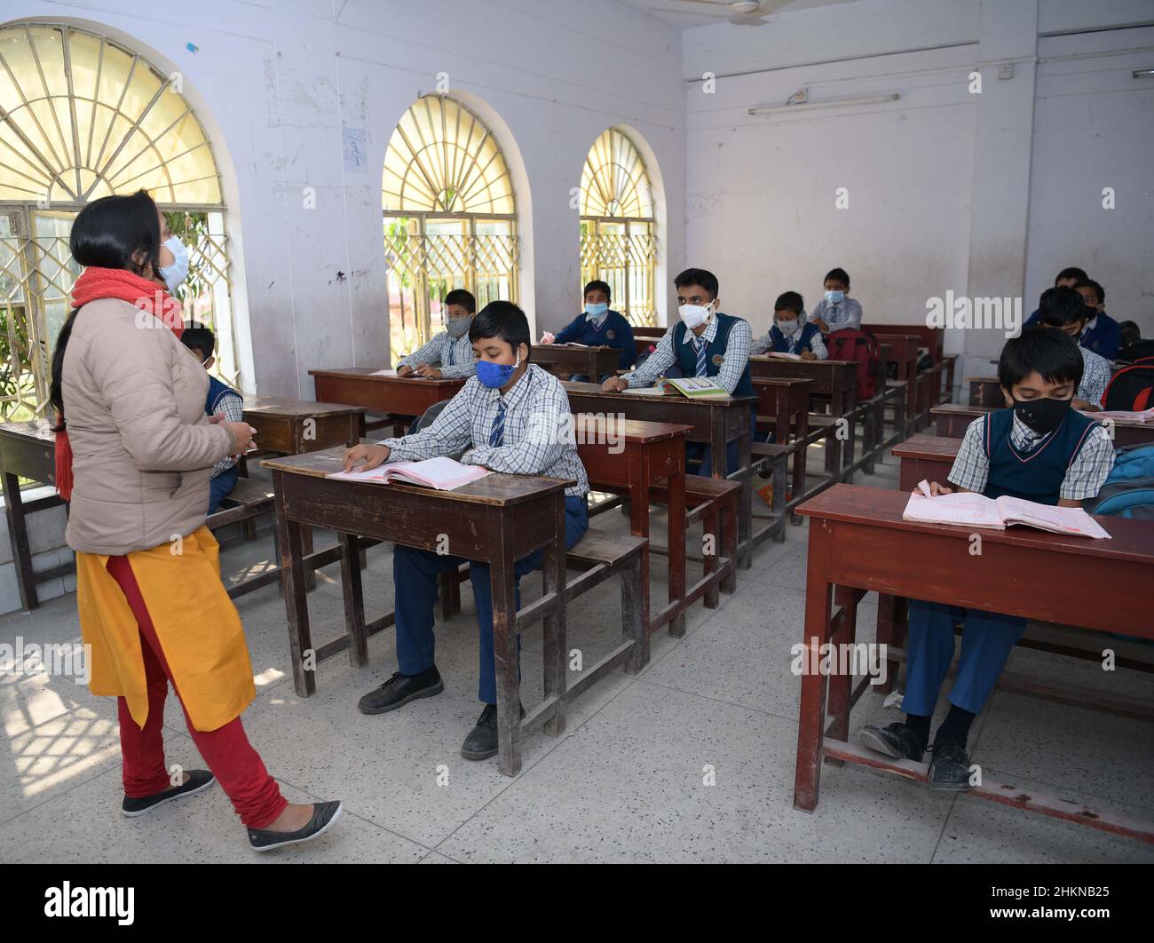 Students of Umakanta English Medium school in their classroom on the first day of reopening of schools. Schools were closed due to COVID-19 in Agartala. India. Stock Photo