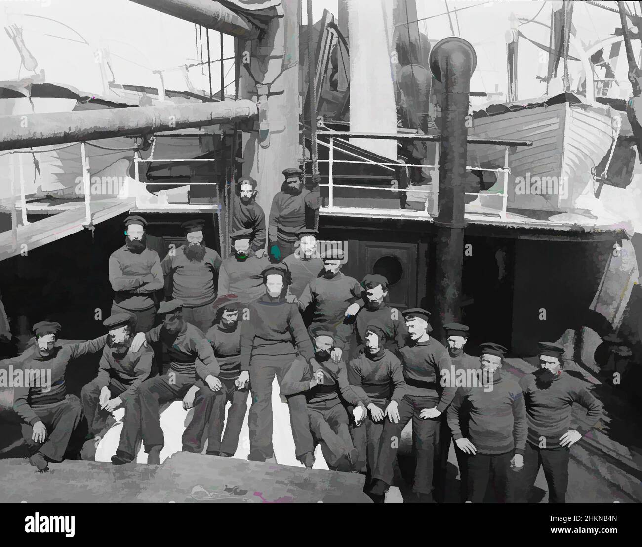 Art inspired by Wairarapa - July '84, Burton Brothers studio, photography studio, 1884, New Zealand, black-and-white photography, Crew of large ship on bottom deck. Nineteen men in Union Steamship Company uniform. Funnel and hight deck behind, with longboats on either side, Classic works modernized by Artotop with a splash of modernity. Shapes, color and value, eye-catching visual impact on art. Emotions through freedom of artworks in a contemporary way. A timeless message pursuing a wildly creative new direction. Artists turning to the digital medium and creating the Artotop NFT Stock Photo