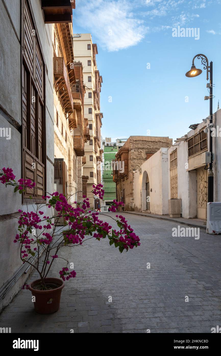 Jeddah, Saudi Arabia, 6th January 2022: street scene in old Jeddah Stock Photo