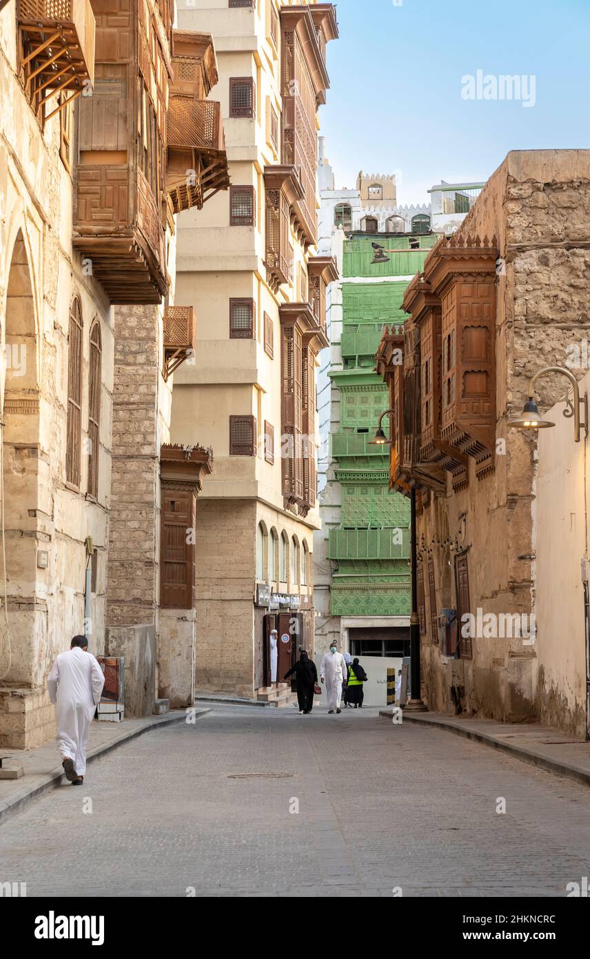 Jeddah, Saudi Arabia, 6th January 2022: street scene in old Jeddah Stock Photo