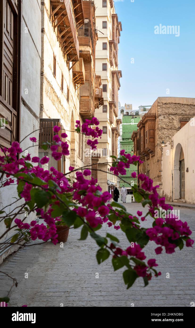 Jeddah, Saudi Arabia, 6th January 2022: street scene in old Jeddah Stock Photo