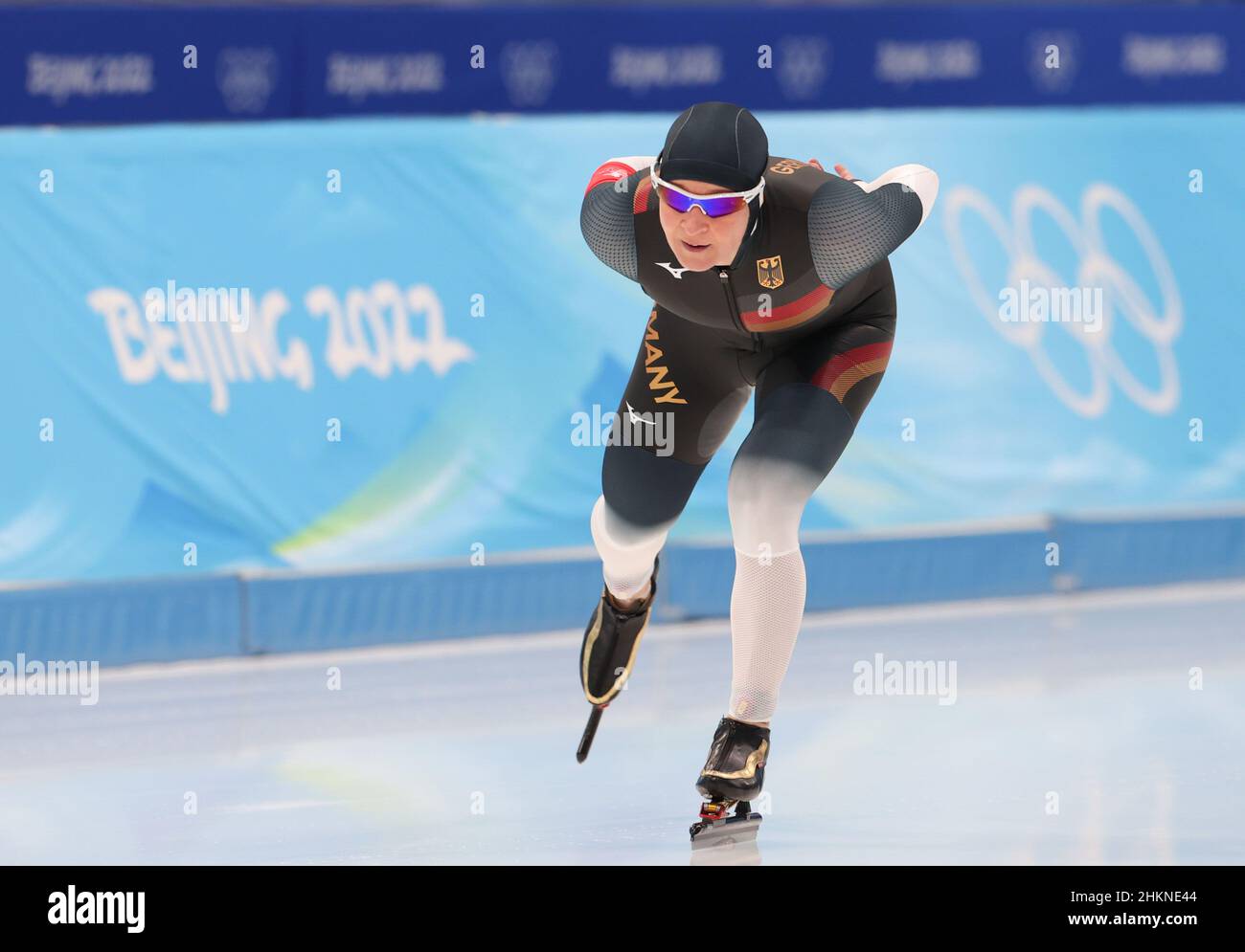 Beijing, China. 5th Feb, 2022. Claudia Pechstein of Germany competes during the women's 3,000m final of speed skating at the National Speed Skating Oval in Beijing, capital of China, Feb. 5, 2022. Credit: Ding Xu/Xinhua/Alamy Live News Stock Photo
