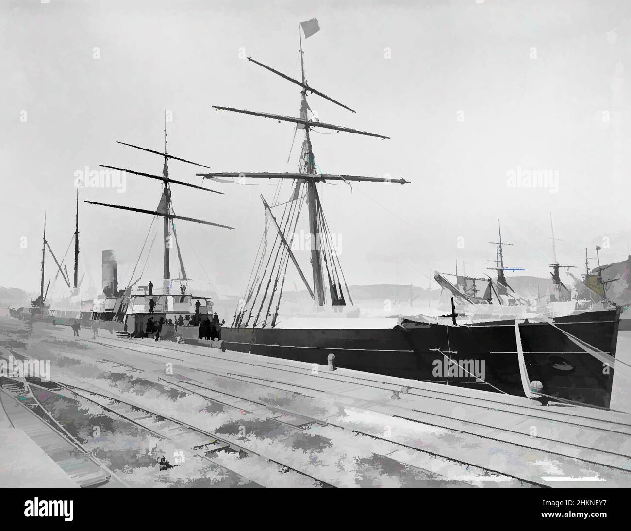 Art inspired by S.S. British Queen at Port Chalmers, Burton Brothers studio, photography studio, New Zealand, black-and-white photography, Ship berthed at wharf. Crew on deck posing for photograph, Classic works modernized by Artotop with a splash of modernity. Shapes, color and value, eye-catching visual impact on art. Emotions through freedom of artworks in a contemporary way. A timeless message pursuing a wildly creative new direction. Artists turning to the digital medium and creating the Artotop NFT Stock Photo