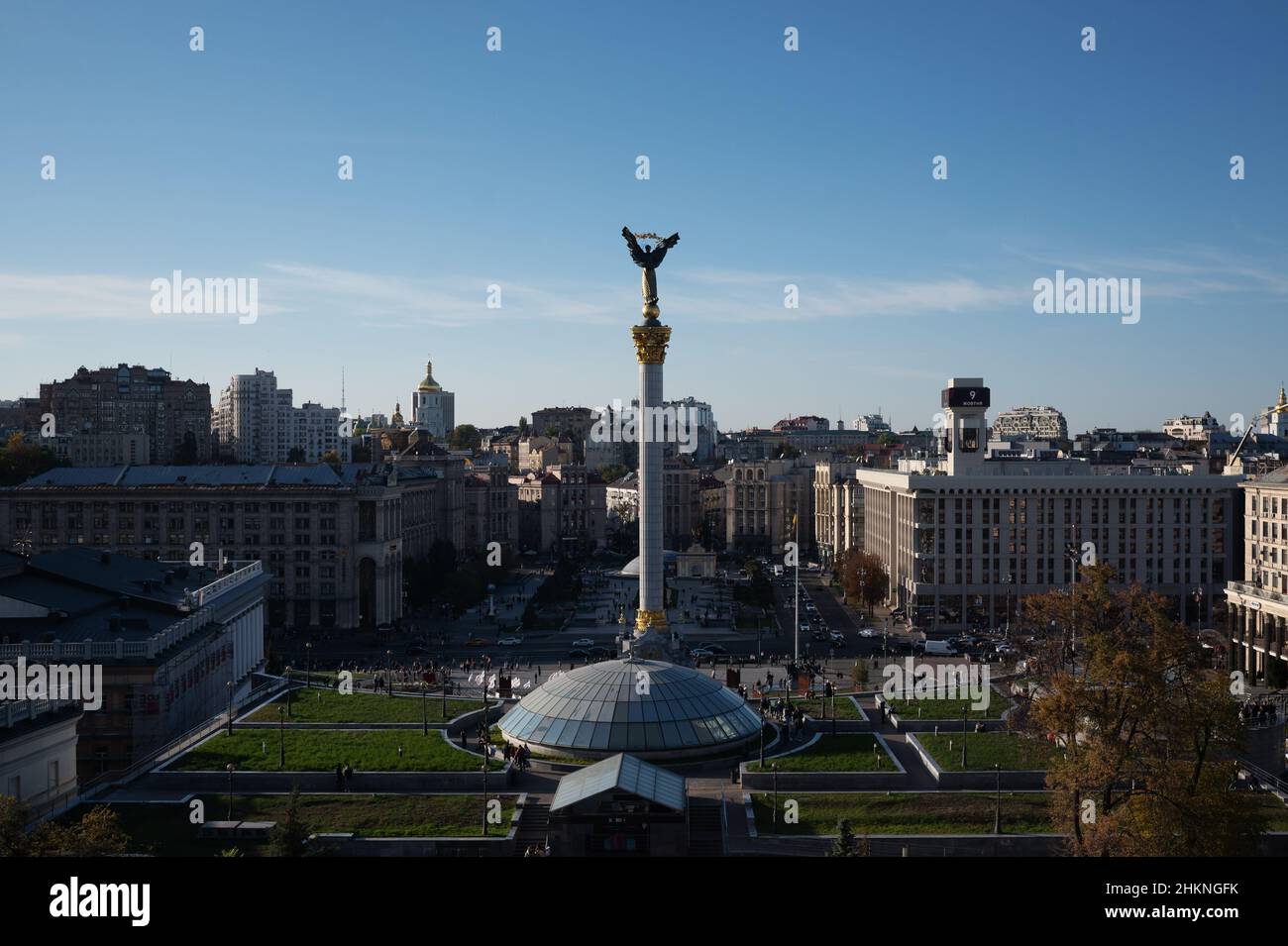 The Independence Monument, metro station, hotel and mall are landmarks at Maidan Nezalezhnosti Square in Kyiv, Ukraine. Stock Photo