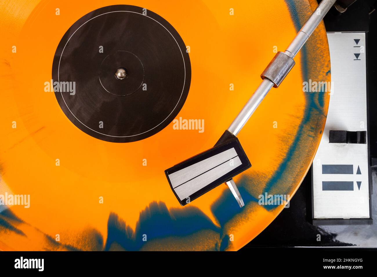 Close up of turntable needle on a vinyl record. Turntable playing vinyl