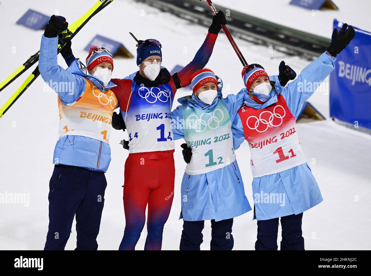 Beijing, China. 05th Feb, 2022. Norwegian biathletes celebrate after winning the 4x6-kilometer mixed relay at the Beijing Winter Olympics on Feb
