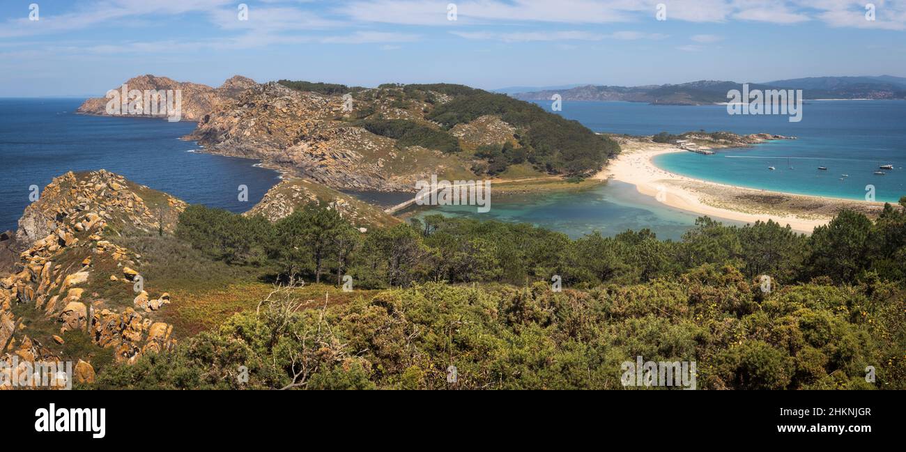 Panoramic Aerial View of Stunning Landscape in the Cies Islands Natural Park, Galicia, Spain Stock Photo
