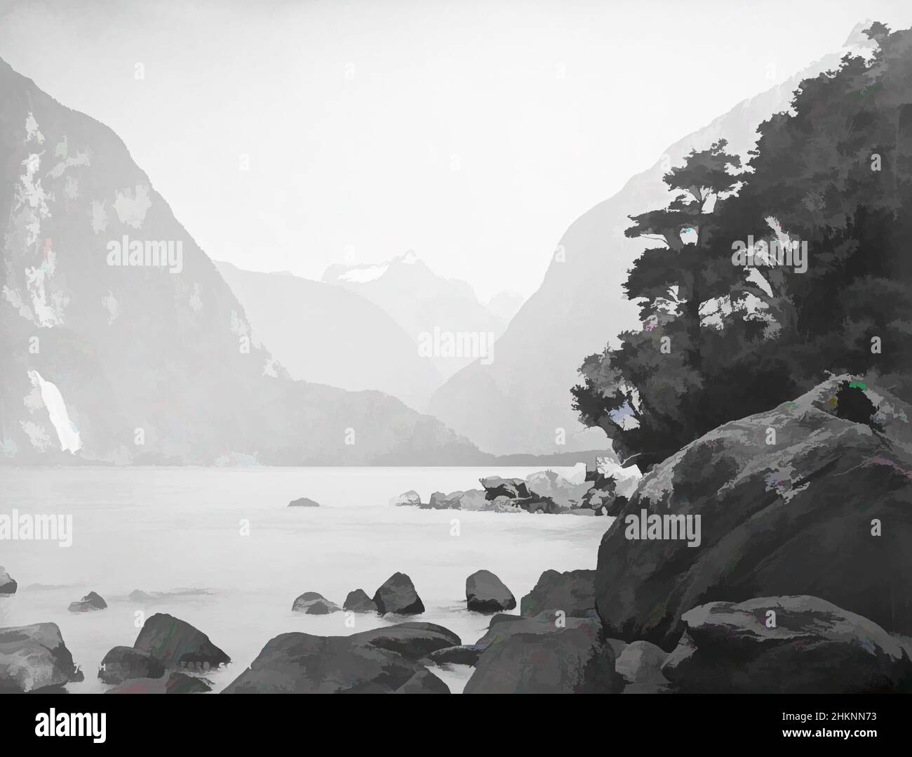 Art inspired by Head of Milford Sound, from Sinbad Gully, Burton Brothers studio, photography studio, New Zealand, gelatin dry plate process, Classic works modernized by Artotop with a splash of modernity. Shapes, color and value, eye-catching visual impact on art. Emotions through freedom of artworks in a contemporary way. A timeless message pursuing a wildly creative new direction. Artists turning to the digital medium and creating the Artotop NFT Stock Photo