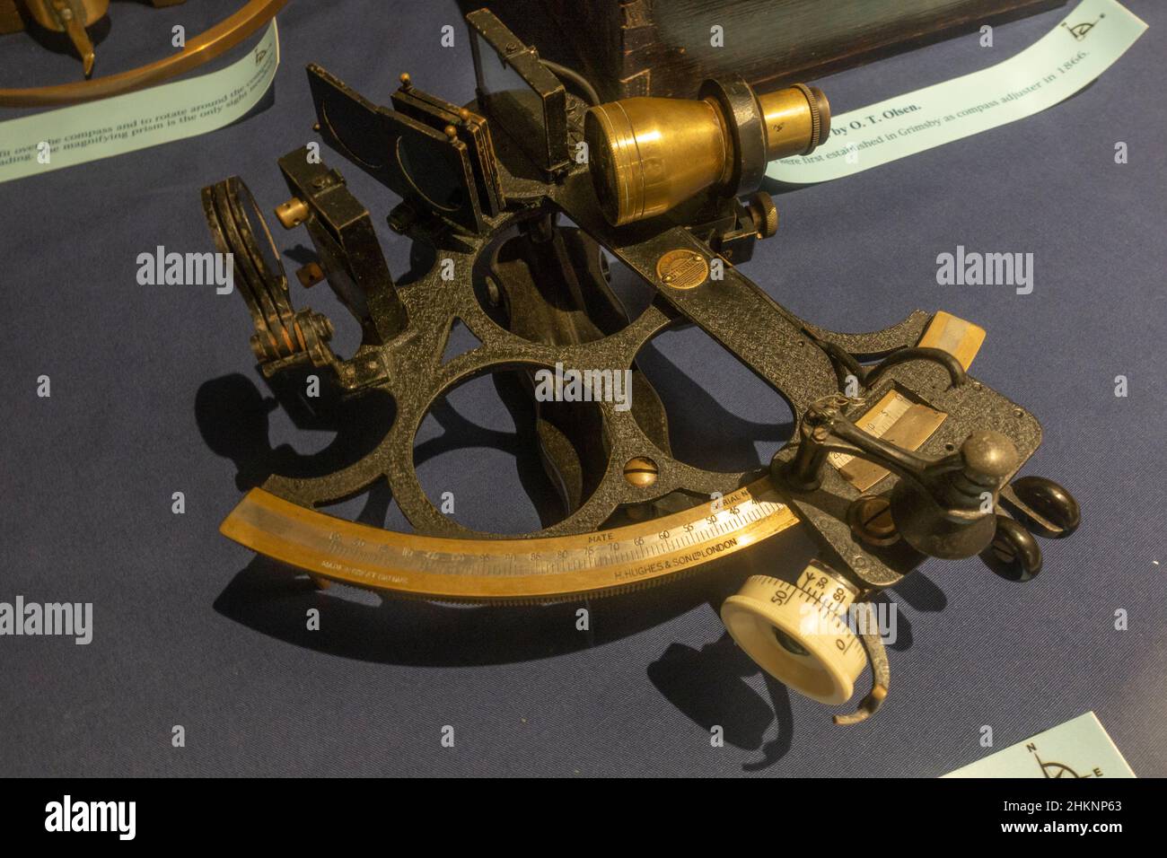 A sextant by Henry Hughes & Son used to measure angles at sea on display in the Grimsby Fishing Heritage Centre, Grimsby, UK. Stock Photo
