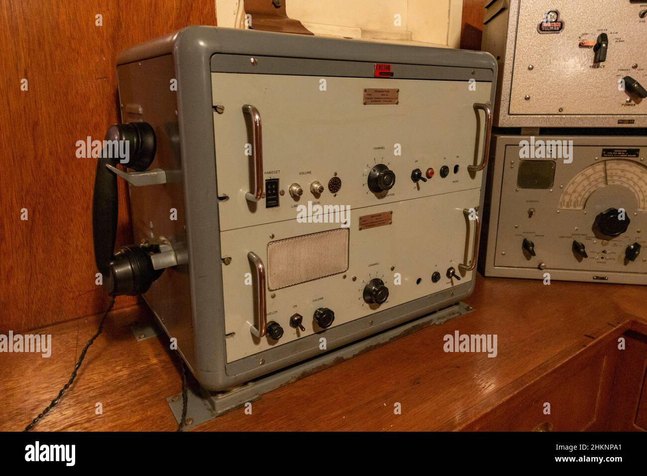 A Cossor trasnsmitter in a recreated radio room in the Grimsby Fishing Heritage Centre, Grimsby, UK. Stock Photo