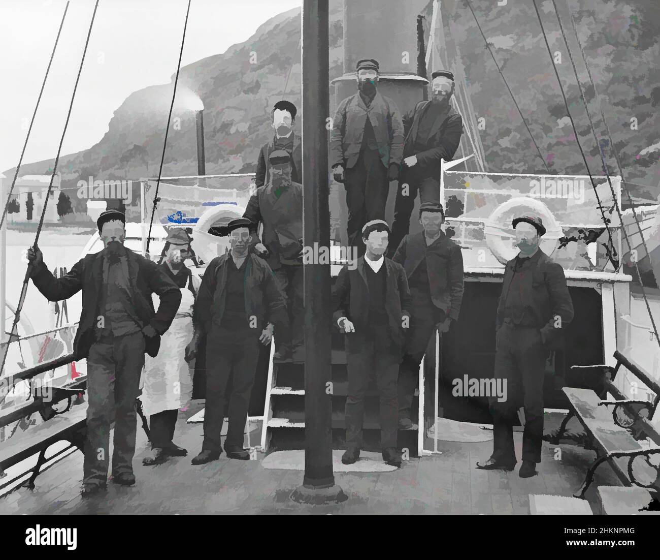 Art inspired by Crew of the P.S. Mountaineer, Lake Wakatipu, Burton Brothers studio, photography studio, March 1887, Dunedin, black-and-white photography, Paddle ship Mountaineer, Classic works modernized by Artotop with a splash of modernity. Shapes, color and value, eye-catching visual impact on art. Emotions through freedom of artworks in a contemporary way. A timeless message pursuing a wildly creative new direction. Artists turning to the digital medium and creating the Artotop NFT Stock Photo