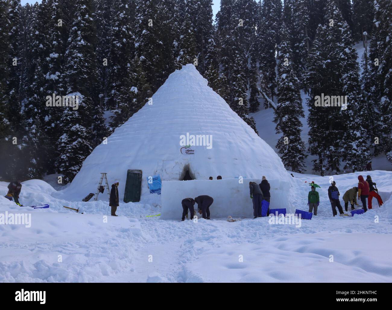 Srinagar, India. 05th Feb, 2022. A Outside view of Asia's biggest Igloo café in famous ski resort gulmarg. The Igloo Cafe is approximately 37.5 feet tall and 45 feet round and can accommodate fifteen tables and around 60 guests. The Igloo Cafe offers tables made of ice and snow, with hot dishes served to visitors. (Photo by Sajad Hameed/Pacific Press) Credit: Pacific Press Media Production Corp./Alamy Live News Stock Photo