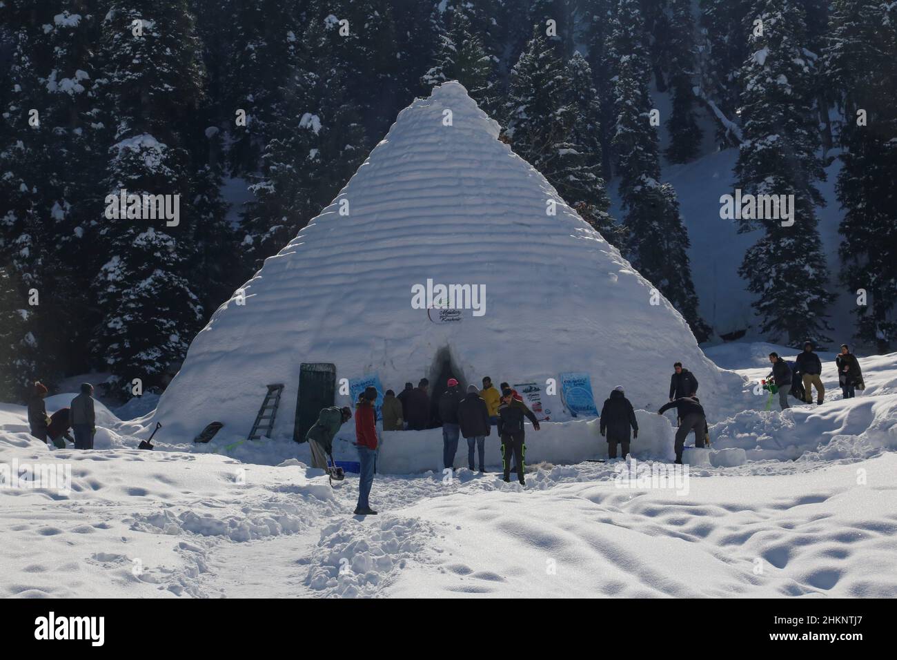 Srinagar, India. 05th Feb, 2022. A Outside view of Asia's biggest Igloo café in famous ski resort gulmarg. The Igloo Cafe is approximately 37.5 feet tall and 45 feet round and can accommodate fifteen tables and around 60 guests. The Igloo Cafe offers tables made of ice and snow, with hot dishes served to visitors. (Photo by Sajad Hameed/Pacific Press) Credit: Pacific Press Media Production Corp./Alamy Live News Stock Photo
