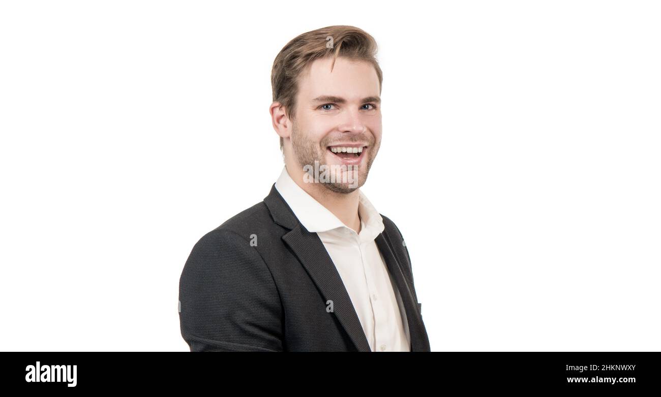 Portrait of happy professional man smiling in formal suit isolated on white copy space, guy Stock Photo