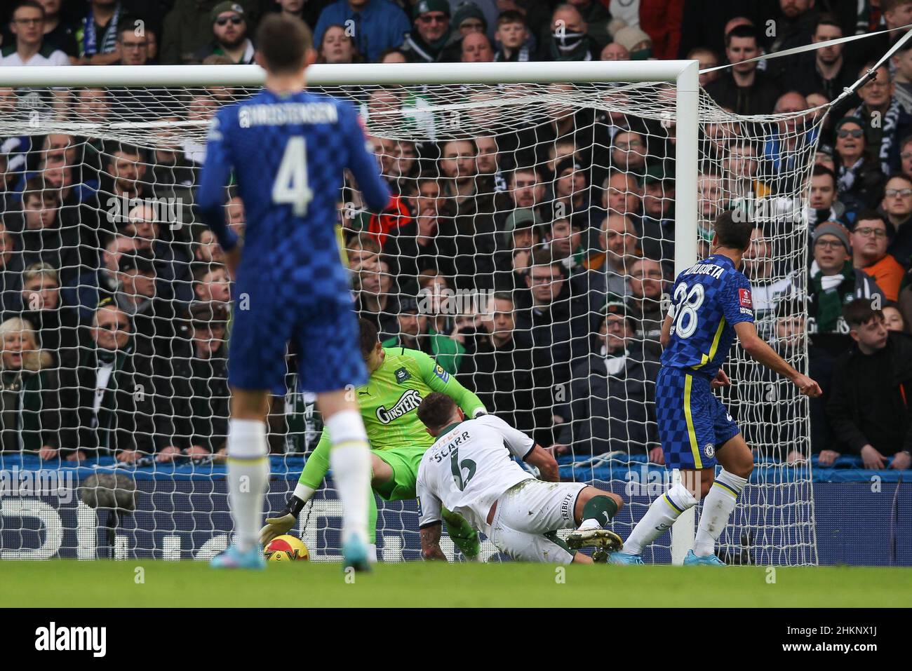 London, UK. 05th Feb, 2022. Csar Azpilicueta of Chelsea scores the equaliser just before half time to make it 1-1 during the FA Cup 4th Round match between Chelsea and Plymouth Argyle at Stamford Bridge, London, England on 5 February 2022. Photo by Ken Sparks. Editorial use only, license required for commercial use. No use in betting, games or a single club/league/player publications. Credit: UK Sports Pics Ltd/Alamy Live News Stock Photo